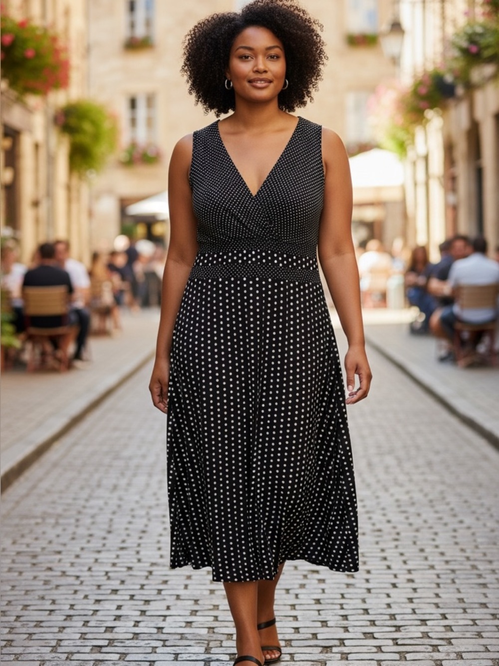 MISS NIKKY (XXL) Sleeveless Black Polka Dot V-Neck Midi Dress Soft Stretch Flowy